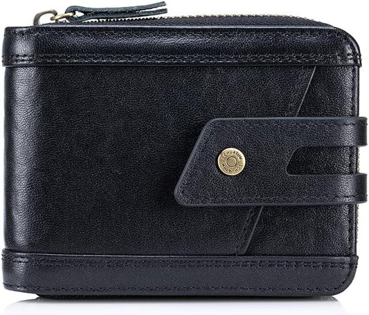 Genuine Leather Men's Wallet with Zipper Vintage RFID Blocking Large Capacity Wallet for Men with 11 Credit Card Slots and 1 ID Window (Black)
