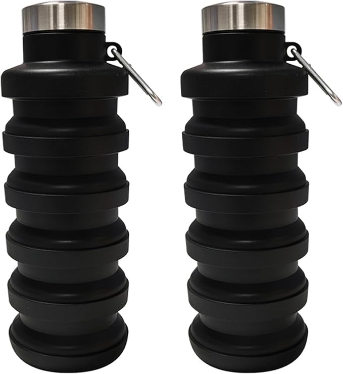 Collapsible Water Bottle,16oz Capacity Portable Reusable Silicone Water Bottle,Leak-proof,with buckle,foldable storage,Lightweight Durable for Fitness,Cycling,Sports,Camping,Hiking (Black+Black)