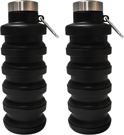 Collapsible Water Bottle,16oz Capacity Portable Reusable Silicone Water Bottle,Leak-proof,with buckle,foldable storage,Lightweight Durable for Fitness,Cycling,Sports,Camping,Hiking (Black+Black)