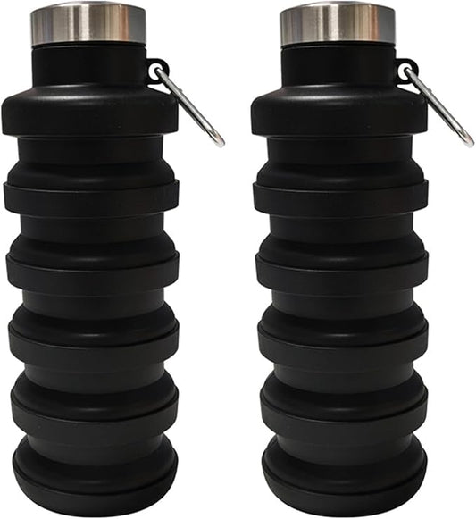 Collapsible Water Bottle,16oz Capacity Portable Reusable Silicone Water Bottle,Leak-proof,with buckle,foldable storage,Lightweight Durable for Fitness,Cycling,Sports,Camping,Hiking (Black+Black)