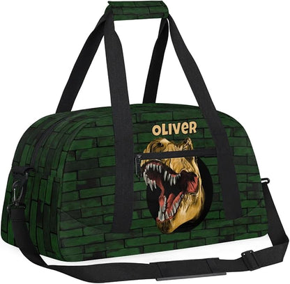 Personalized Duffel Bag for Kids Girls Boys, Scary Dinosaur Custom Name Gym Bag Overnight with Padded Handles Carry On Weekend Sports Travel Bag for School Practice Gymnastics Ballet