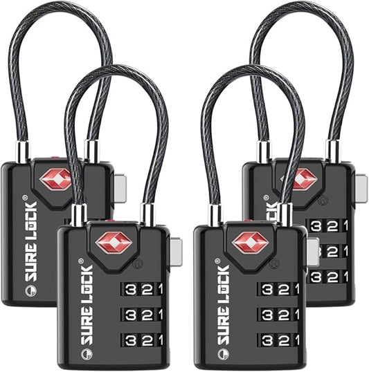 SURE LOCK TSA Approved Combination Luggage Locks with Open Alert Indicator – Durable Zinc Alloy Cable Travel Locks with Large Easy-Read Dials for Suitcases, Backpacks & Gym Bags Black 4 Pack