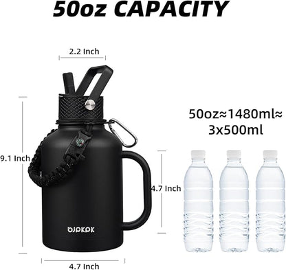BJPKPK Large Insulated Water Bottles with Straw Lid & Handle, 50oz, 64oz, 87oz, 128oz Water Bottle with 3 Lids and Paracord Strap, Stainless Steel Metal Water Bottle, Insulated Water Jug, Black