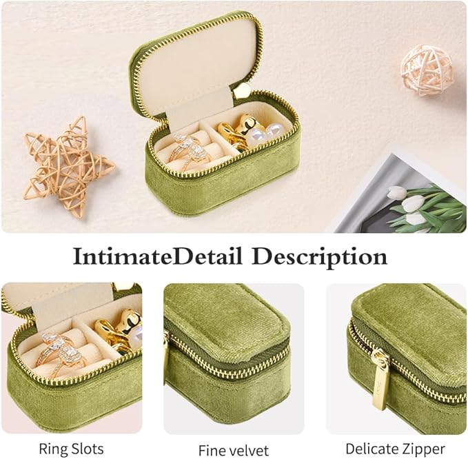 TAIMY Small Travel Jewelry Case, Mini Tiny Plush Velvet Jewelry Box for Women and Girls, Pocket Size Jewelry holder organizer for Rings Earrings and Small Items(Mistletoe Green)