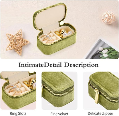 TAIMY Small Travel Jewelry Case, Mini Tiny Plush Velvet Jewelry Box for Women and Girls, Pocket Size Jewelry holder organizer for Rings Earrings and Small Items(Mistletoe Green)