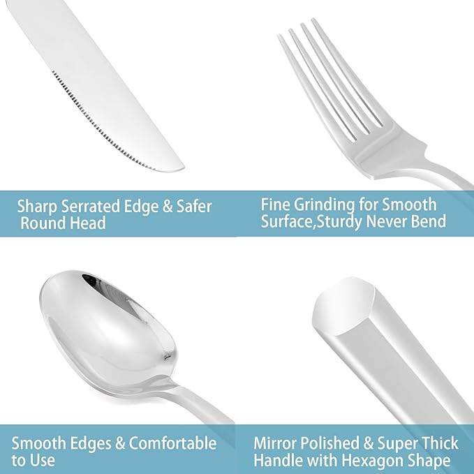 DEACORY Silverware Set Flatware Set Stainless Steel Cutlery Set Silver Mirror Finished Hexagon Handle 5 Pieces Service for 1