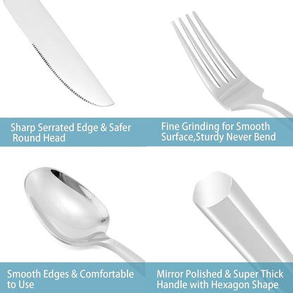 DEACORY Silverware Set Flatware Set Cutlery Set Stainless Steel Hexagon Handle Silver Mirror Finished 20 Pieces Service for 4