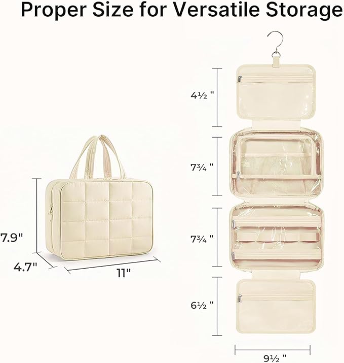 Travel Toiletry Bag for Women,Portable Hanging Travel Bag Cosmetic Jewelry Organizer,Makeup Bag for Toiletries,Full Sized Shampoo,Conditioner,Beige