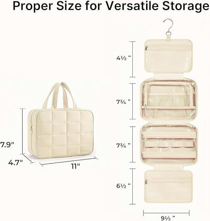 Travel Toiletry Bag for Women,Portable Hanging Travel Bag Cosmetic Jewelry Organizer,Makeup Bag for Toiletries,Full Sized Shampoo,Conditioner,Beige