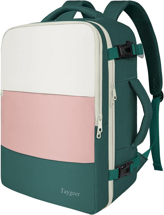 Taygeer Carry On Backpack, 35l Travel Backpack for Women Airline Approved, Cute Underseat Personal Item Travel Bag With Shoe Compartment, Casual Daypack Gifts for Friend Weekend, Beige Peacock Pink