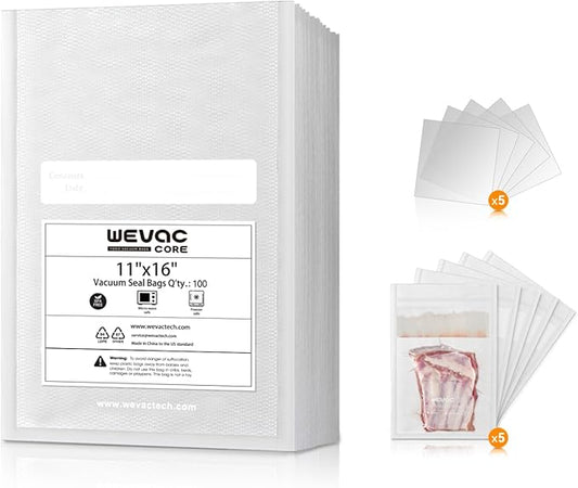 Wevac 11" x 16" Precut Vacuum Sealer Bags, 100 Count, Includes 5 Liquid Block Bags & 5 Bone Guard Pieces, Heavy Duty for Food Storage, Sous Vide & Meal Prep