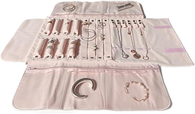 UnionPlus Velvet Travel Jewelry Case Roll Bag Organizer for Necklace Bracelet Earrings Ring, 6 PVC Pockets, Pink Upgrade Version