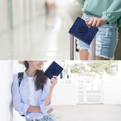 Real Leather Wallet RFID Family Passport Holder Waterproof Travel Black (Blue)