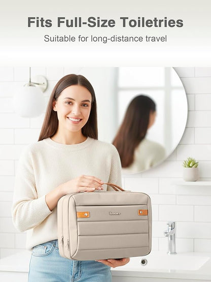 Women's Hanging Toiletry Bag, Waterproof Travel Cosmetic Organizer with Jewelry Storage, Large Capacity Makeup Case for Full-Size Skincare & Bathroom Essentials, Portable Cosmetic kit, Khaki