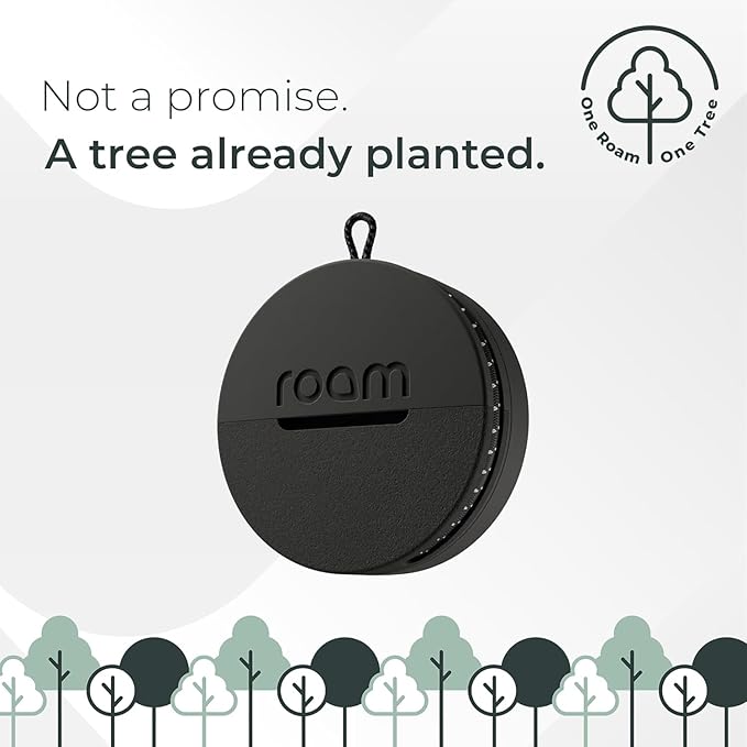 Roam Smart Tracker | Family-Friendly Eco Tracker for Keys, Bags & Kids’ Gear | Works with iOS & Android | Built-in Strap, QR Lost & Found | Replaceable Battery | No Extra App | 1-Pack, Black