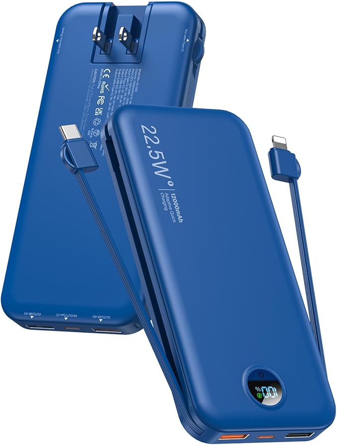 Portable Charger Power Bank, 12000mAh 22.5W USB C Fast Charging with Built-in Cables & Wall Plug, 5-in-1 External Battery Pack with LED Display, Perfect Backup for iPhone, iPad, Samsung Navy