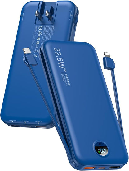 Portable Charger Power Bank, 12000mAh 22.5W USB C Fast Charging with Built-in Cables & Wall Plug, 5-in-1 External Battery Pack with LED Display, Perfect Backup for iPhone, iPad, Samsung Navy