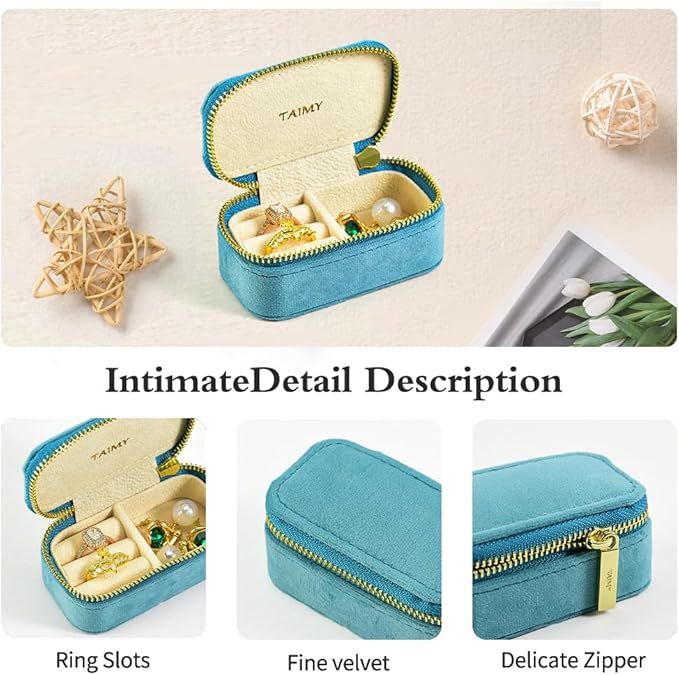 TAIMY Small Travel Jewelry Case, Mini Tiny Plush Velvet Jewelry Box for Women and Girls, Pocket Size Jewelry holder organizer for Rings Earrings and Small Items(Coral Blue)
