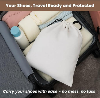 LFH Cotton Rich Shoe Storage Bags with Drawstring, Dustproof Breathable Reusable Organizer, Perfect For Travel, Dorm, Hotel, College, Gym, Easy to Carry, Machine Washable 8"x17" (Pack of 6) - White