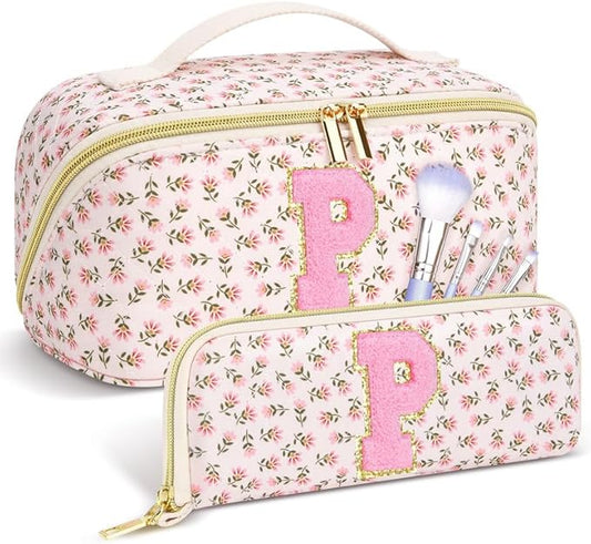 Personalized Travel Makeup Bag Set,Initial Travel Cute Floral Makeup Organizer Bag,Toiletry Skincare Cosmetic Bag,Christmas Gifts for Women/Girls,Open Flat Toiletry Pouch with Brush Pocket-P
