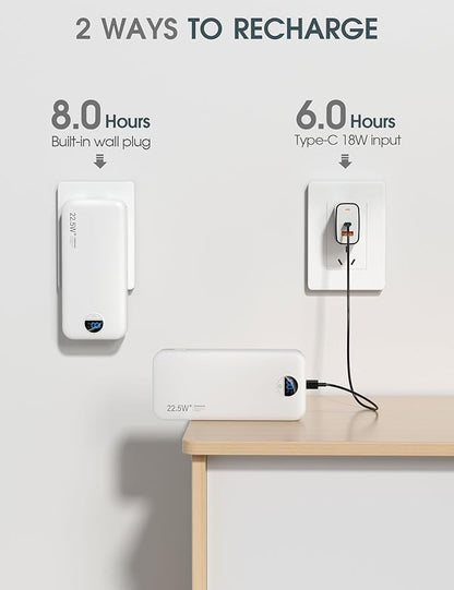 Portable Charger Power Bank, 20000mAh 22.5W Type C Fast Charging with Built-in Cable & Wall Plug, Portable Power Bank with LED Display, Travel Essential for iPhone, iPad, Samsung White