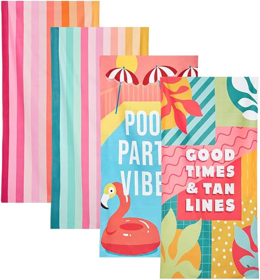 Dock & Bay Beach Towel - Quick Dry, Sand Free - Compact, Lightweight - 100% Recycled - Includes Bag - Party in Pink - Set of 4 - Extra Large (200x90cm, 78x35)