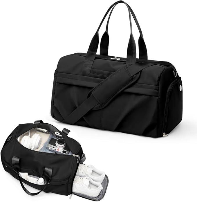 Gym Bag for Women Men with Shoe Compartment, Sport Duffel Bag, Waterproof Travel Weekender Overnight Carry on Bag for Yoga with Trolley Sleeve, Black