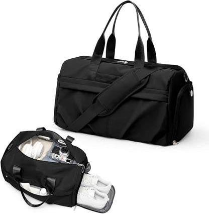 Gym Bag for Women Men with Shoe Compartment, Sport Duffel Bag, Waterproof Travel Weekender Overnight Carry on Bag for Yoga with Trolley Sleeve, Black