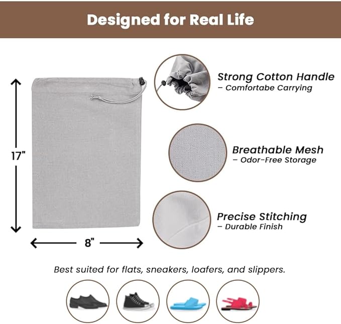LFH Cotton Rich Shoe Storage Bags with Drawstring, Dustproof Breathable Reusable Organizer, Perfect For Travel, Dorm, Hotel, College, Gym, Easy to Carry, Machine Washable 8"x17" (Pack of 6) - Grey