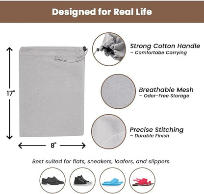 LFH Cotton Rich Shoe Storage Bags with Drawstring, Dustproof Breathable Reusable Organizer, Perfect For Travel, Dorm, Hotel, College, Gym, Easy to Carry, Machine Washable 8"x17" (Pack of 6) - Grey