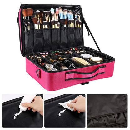 gzcz Travel Makeup Bag,Professional Cosmetic Bags for Women,Portable Makeup Brush Case Organizer Storage with Adjustable Dividers and Shoulder Strap (Medium)
