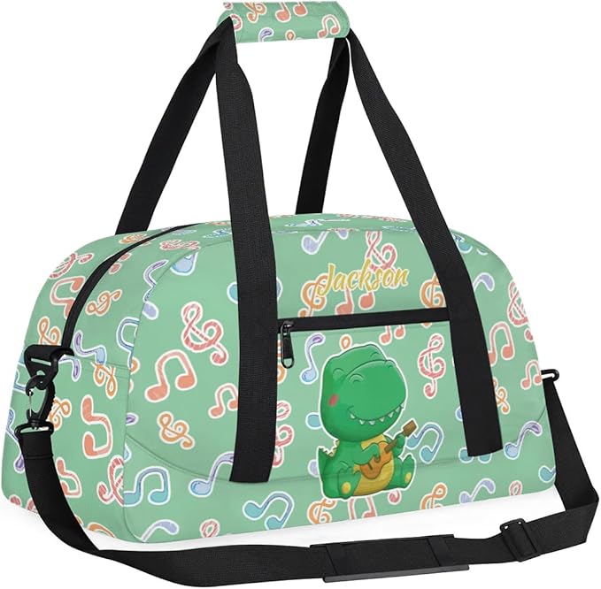 Personalized Duffel Bag for Kids Girls Boys, Dinosaur Guitar Custom Name Gym Bag Overnight with Padded Handles Carry On Weekend Sports Travel Bag for School Practice Gymnastics Ballet