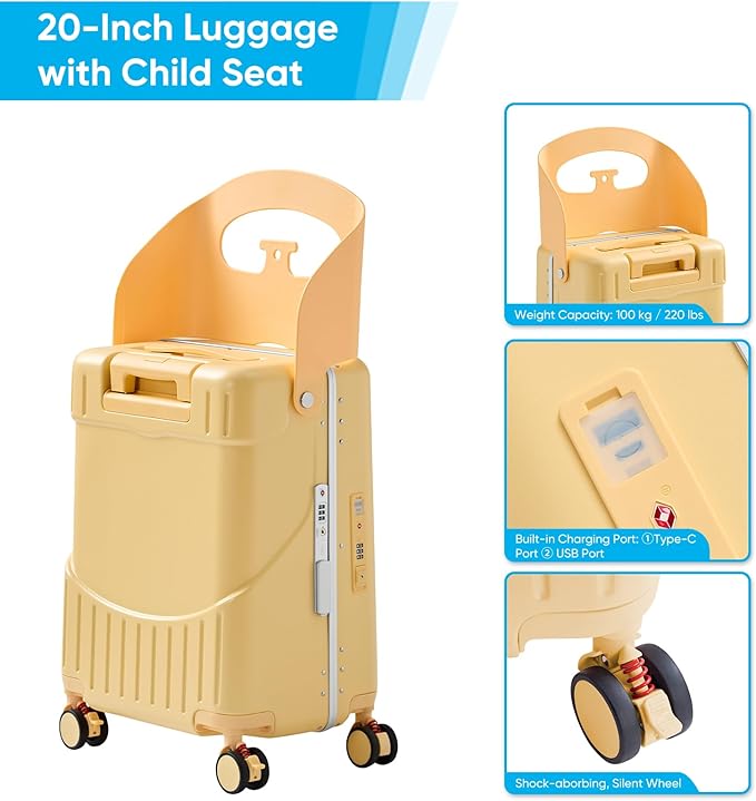 20 Inch Ride on Luggage With Seat For Kids&Adults,with Front Pocket, Foldable Seat Back TSA Approved Lock, 360° Spinner Wheels(20 inch,Yellow)