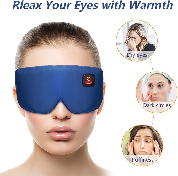 Heated Eye Mask Cordless for Dry Eyes, USB Eyes Heating Pad, Rechargeable, Real Silk, Sleep Mask for Men Women, Warm Eye Compress for Relief Stye, Blepharitis, Chalazion Navy