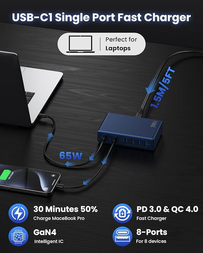 200W USB C Charger Block,GaN IV Charging Station 8 Ports,QC4.0 Fast Charging Station Hub+PD 65W USB C Laptop Charger Adapter Compatible with MacBook Air/Pro,DELL,iPhone 17/16,iPad,Steam Deck-Deep Blue