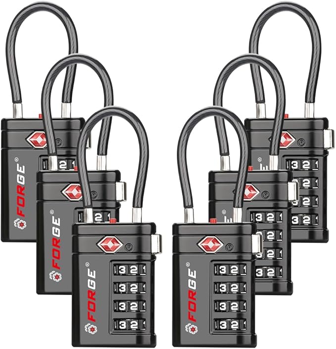 Forge TSA Approved Luggage Locks 4 Digit Combination TSA Travel Locks with TSA008, Open Alert Indicator, Zinc Alloy Body for Luggage, Suitcase, Backpack, and More. Black 6 Locks.