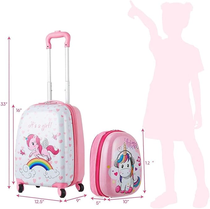 HONEY JOY Kids Luggage, 12" Toddler Backpack & 16" Travel Suitcase with Wheels, Lightweight Toddler Girls Suitcase, Durable ABS Hardshell, 2Pcs Carry On Luggage Set for Boys Girls(Unicorn)