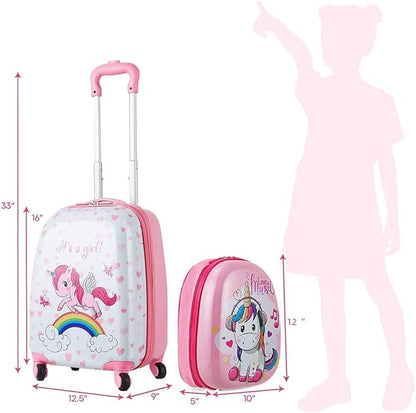 HONEY JOY Kids Luggage, 12" Toddler Backpack & 16" Travel Suitcase with Wheels, Lightweight Toddler Girls Suitcase, Durable ABS Hardshell, 2Pcs Carry On Luggage Set for Boys Girls(Unicorn)