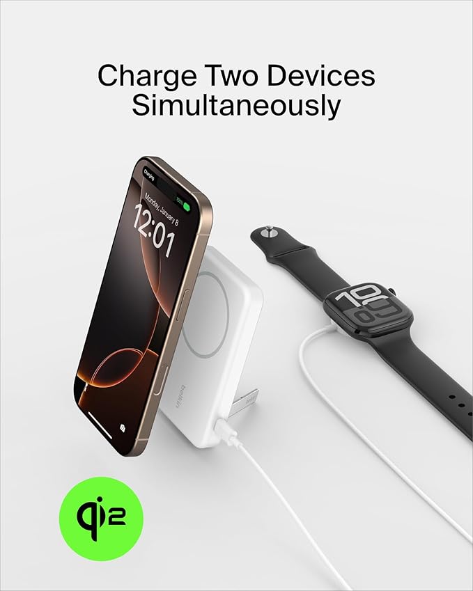 Belkin Portable Charger, Wireless Power Bank 15W 5000 mAh w/ Qi2 - MagSafe Charger w/Built-in Pop-up Kickstand - iPhone 17, Air, Pro, Pro Max, AirPods, Apple Watch, Google Pixel 10, etc. - White