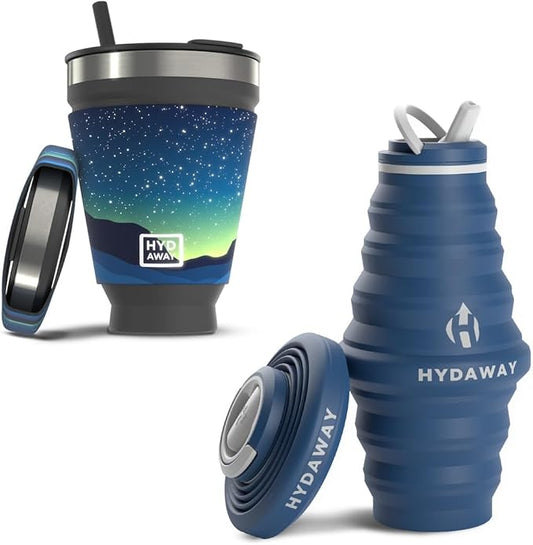 HYDAWAY Getaway Bundle - 25oz Collapsible Water Bottle and 16oz Collapsible Insulated Tumbler - BPA-Free, Leak-Resistant, Reusable Drinkware Set for Travel, Hiking, and Daily Commutes
