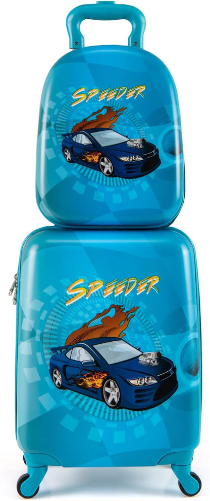 HONEY JOY Kids Luggage, Travel Backpack & Hard Shell Toddler Suitcase, Children Rolling Luggage with Wheels, Retractable Handle & 4 Casters, 2Pcs Carry On Luggage Set for Boys Girls(Racing Car)
