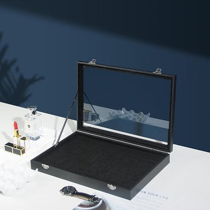 Coward Ring Organizer Jewelry Box, Black Velvet 100 Slots Ring Display Tray Case with Transparent Glass Lid for Home Use or Store Selling Show