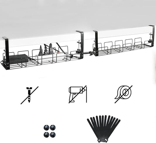 Under Desk Cable Management Tray No Drill 2pack Kit- 15.7'' Long 5.1'' Wide Tray, Steel Cord Organizers, 4 Cable Holder, 12 Roll Cable Organizer Straps, No Drill, No Damage to Desk(Black)