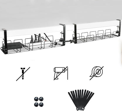 Under Desk Cable Management Tray No Drill - 15.7'' Long 5.1'' Wide Workspace Organizers, Steel Cord Organizers, 4 Cable Holder, 12 Roll Cable Organizer Straps, No Drill, No Damage to Desk(Black)