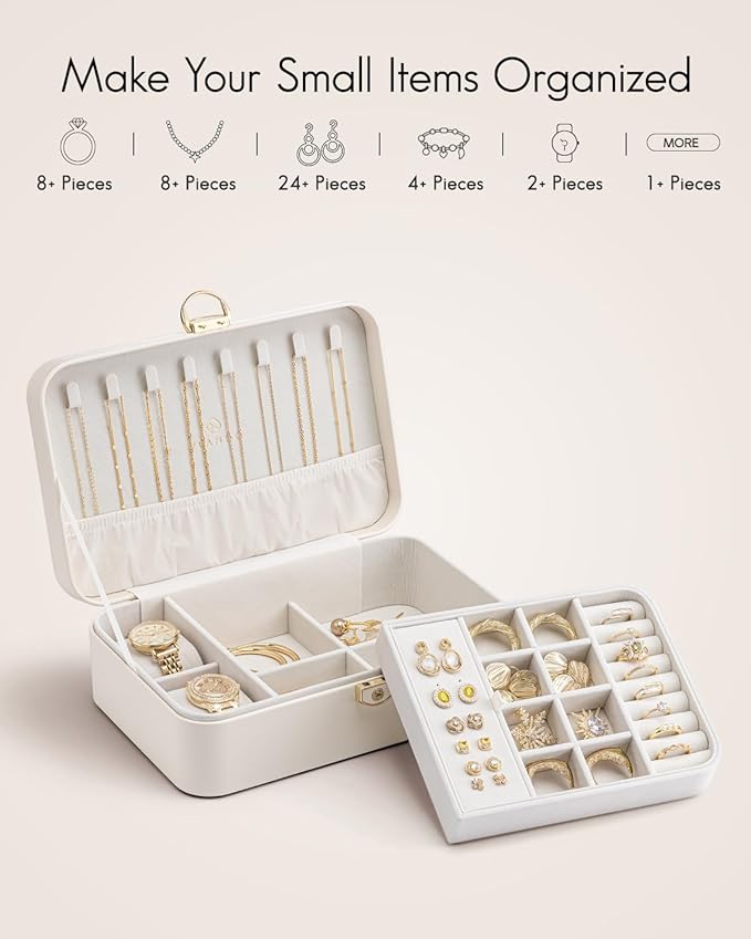 Vlando 2 Layer Jewelry Box,Jewelry Organizer Storage Lockable Earring Organizer Removable Jewelry Tray with Watch Pillow for Neckable Ring Bracelets-Cream White
