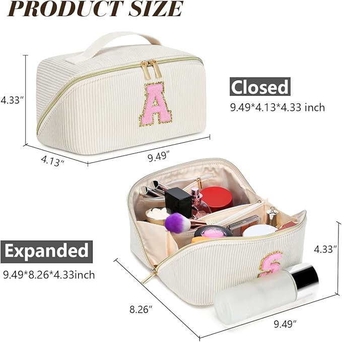 Personalized Initial Makeup Bag,Christmas Gifts for Girl,Preppy Bag Cosmetic Travel Bag Women,Travel Toiletry Organizer,Large Capacity Corduroy Stuff Bag,Cute Cosmetic Pouch Skincare Bag-D