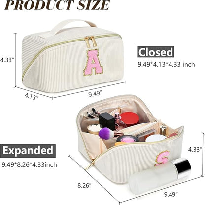 Personalized Initial Makeup Bag,Christmas Gifts for Girl,Preppy Bag Cosmetic Travel Bag Women,Travel Toiletry Organizer,Large Capacity Corduroy Stuff Bag,Cute Cosmetic Pouch Skincare Bag-M