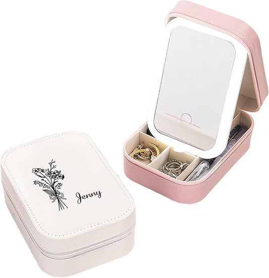 callie Personalized Birth Flower Jewelry Box with Mirror & LED 3 Adjustable Light, Custom Name - Travel Makeup Organizer Box, Birthday Christmas Gift for Women Girls