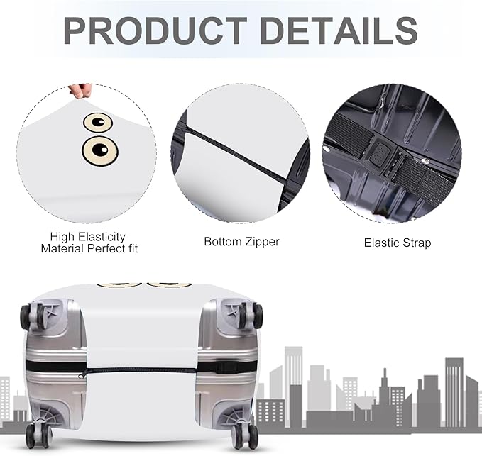 ANNA QUEEN Funny Cartoon Eyes Luggage Cover, White Suitcase Protector with Cute Big Eyes Design, Travel Suitcase Cover for 32-34 Inch Luggage, Stretchable & Washable Spandex Travel Accessories