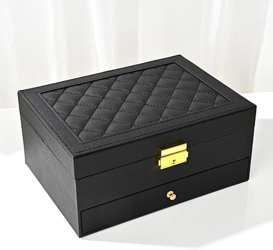 GUOER Jewelry Box for Women Girl Wife - Large PU Leather Jewelry Organizer Storage Case with Two Layers Display for Earrings Bracelets Rings Watches (Black)